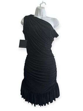 Norma Kamali One Shoulder Peasant Mini Dress,  Black,  Size S, Built-In Bodysuit